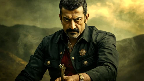 Intense officer aims forward against stormy golden sky