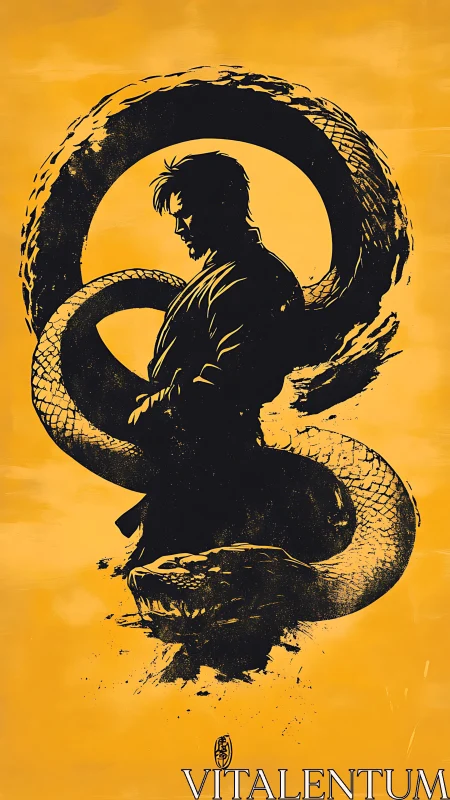 Silhouetted martial figure entwined with coiled serpent form.