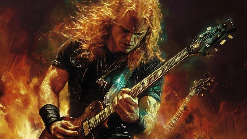 Flaming solos carve molten light around fierce guitarist