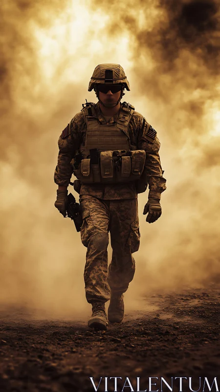 Soldier in combat gear walking through dense battlefield dust.