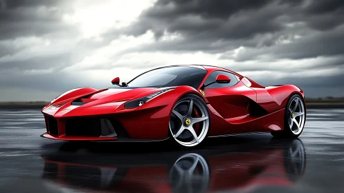 Red supercar poised on a rainy runway under stormy clouds.