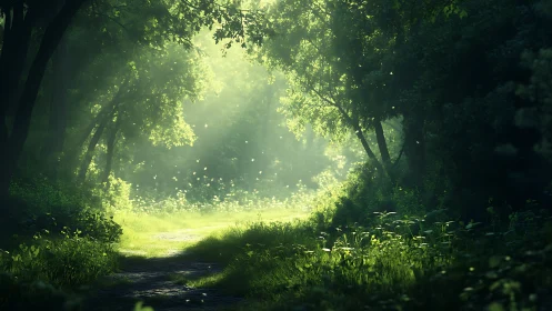 Enchanted Forest Path Bathed in Golden Light.