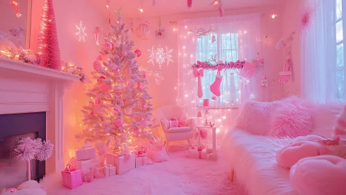 Monochrome pink Christmas interior with ambient festive lighting.