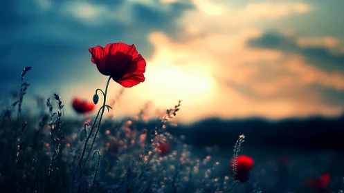 Gentle red poppy glowing softly in a dreamy sunset field.