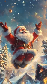 Joyful Santa soars above snowy village under glowing snowfall