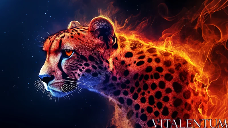 Leopard with Flaming Aura Against Starry Background