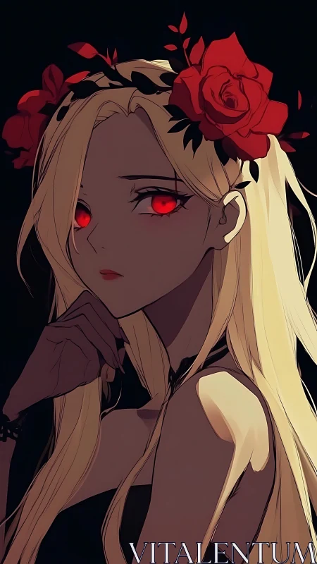 Blonde anime girl with red eyes and rose crown portrait.