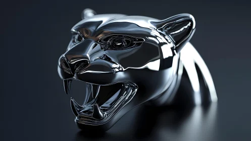 Shiny Chrome Panther Head Sculpture in Futuristic Art Style.