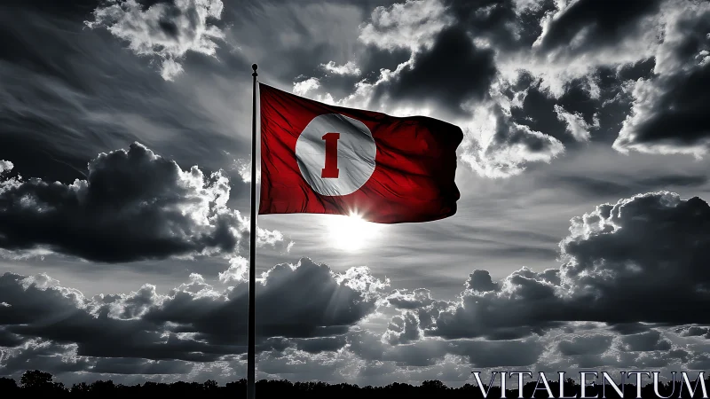 Red flag with circular emblem is backlit against clouded sky