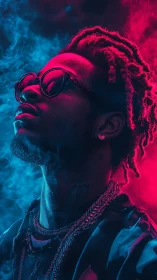 Portrait captures neon lit profile with vivid smoke contrast