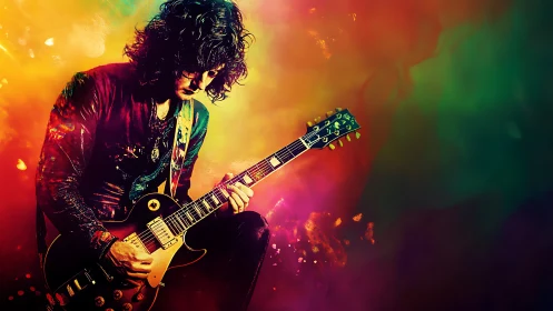 Electric guitarist in neon chromatic haze performance scene.