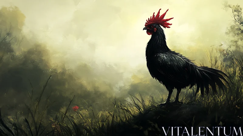 Black Rooster with Crimson Crest in Misty Meadow.