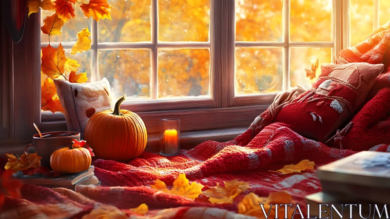 Cozy autumn window nook with pumpkins and warm blankets.