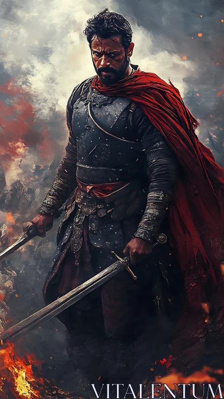 Warrior in scorched armor strides through blazing battlefield.