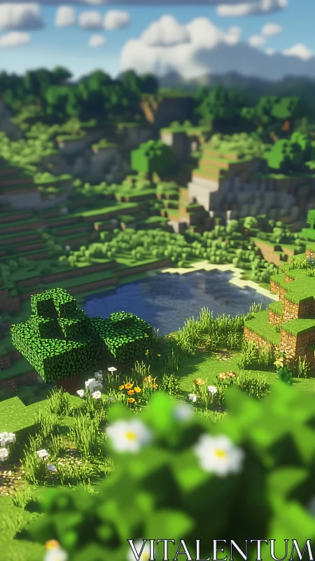 Voxel meadow frames reflective lake under bright summer sky.