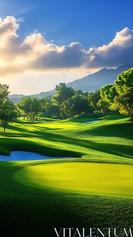 Sunlit golf fairways with sculpted bunkers and dynamic shadows