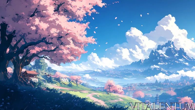 Blossoming valley beneath towering mountains at springtime dusk.