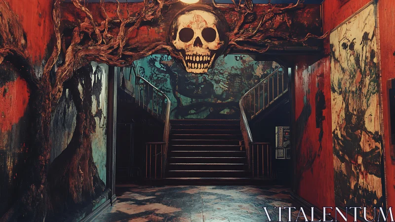 Skull-topped haunted staircase in decayed crimson hall.