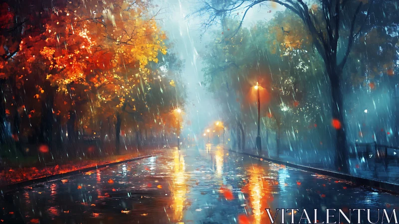 Autumn rain on reflective city park avenue with lamplight glow