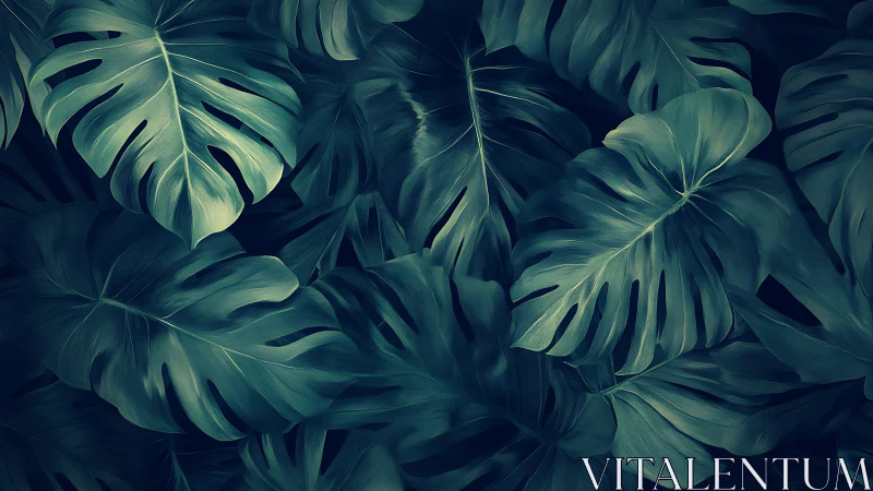 Midnight jungle leaves whispering in deep teal shadows.