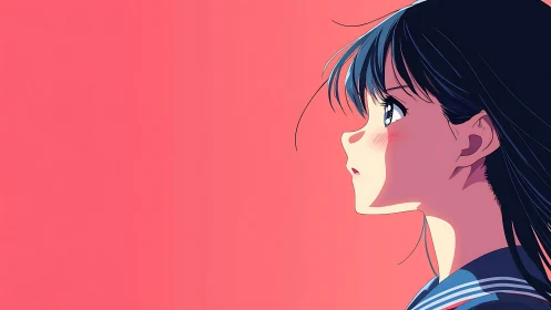 Side-lit anime profile of pensive schoolgirl on coral ground.