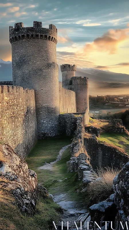 Ancient stone castle walls glow in soft golden sunset light.