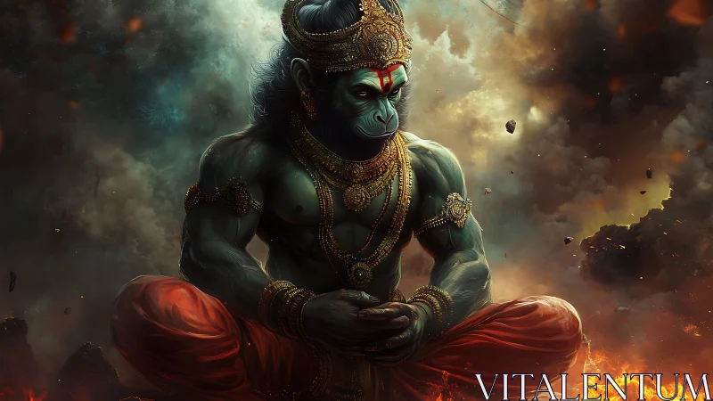 Mythic monkey warrior meditating amid burning clouds.