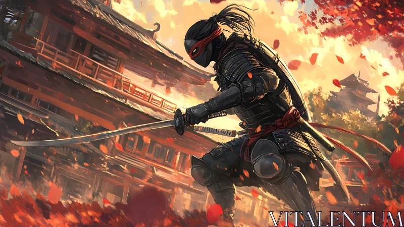 Armored swordsman advances in courtyard amid falling foliage