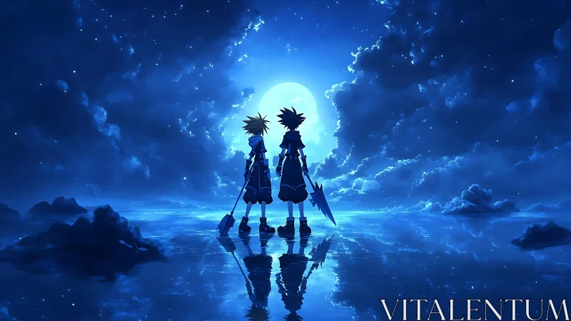 Silhouetted figures on reflective water under full moon.