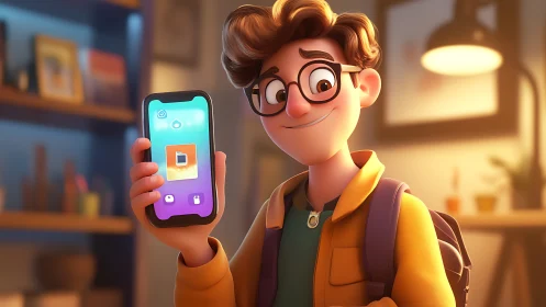 Digital painting of student showcasing mobile study app UI.