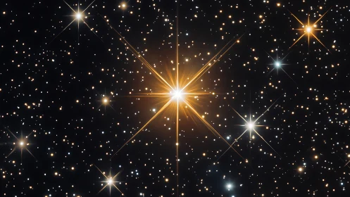 Golden starburst dominates dense galactic starfield view.