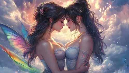 Twin skybound fae entwined in luminous, cloud-kissed devotion.