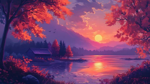 Sunset illuminates autumn trees around reflective mountain lake