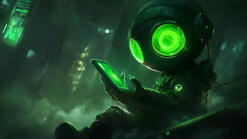 Small figure with glowing visor studies tablet in green fog