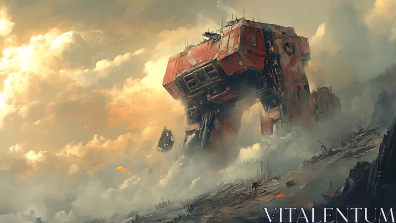 Colossal quadruped war-mech emerging through incendiary ash clouds.