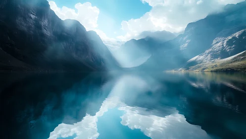 Glacial mountain lake captures symmetrical reflection in diffuse light