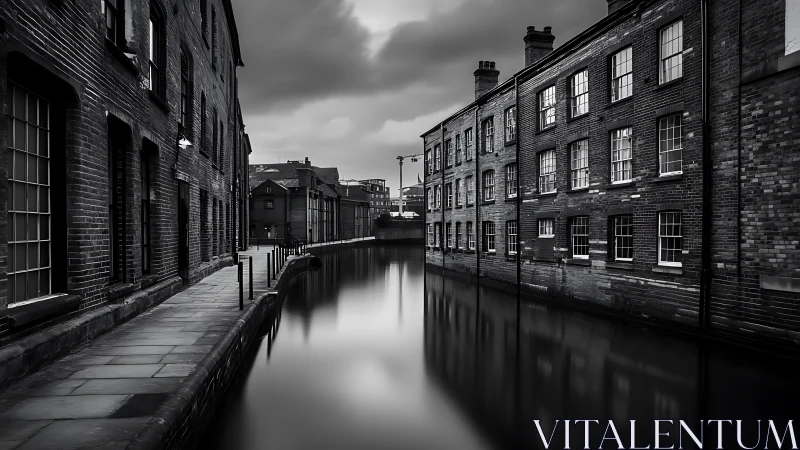 Moody industrial canal with brick warehouses at dusk.