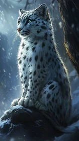 Snow leopard sits alert on icy rock in blue winter light.