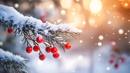 Snow-laden pine bough with red berries glows in shallow focus