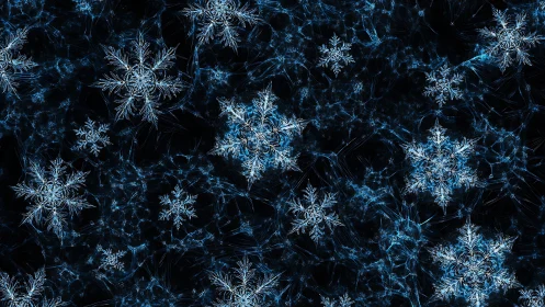 Fractal style digital pattern of multiple blue snowflakes.