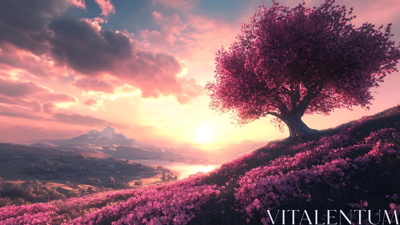 Sunset blossom tree overlooking peaceful pink valley.