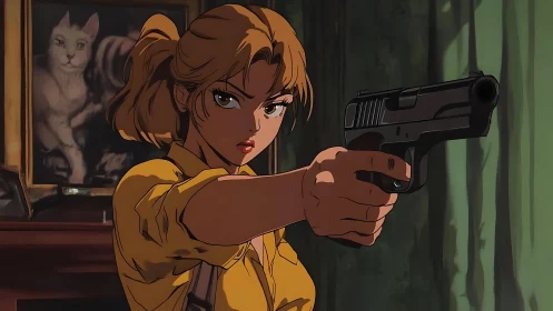Strong anime heroine holds her aim with fierce determination