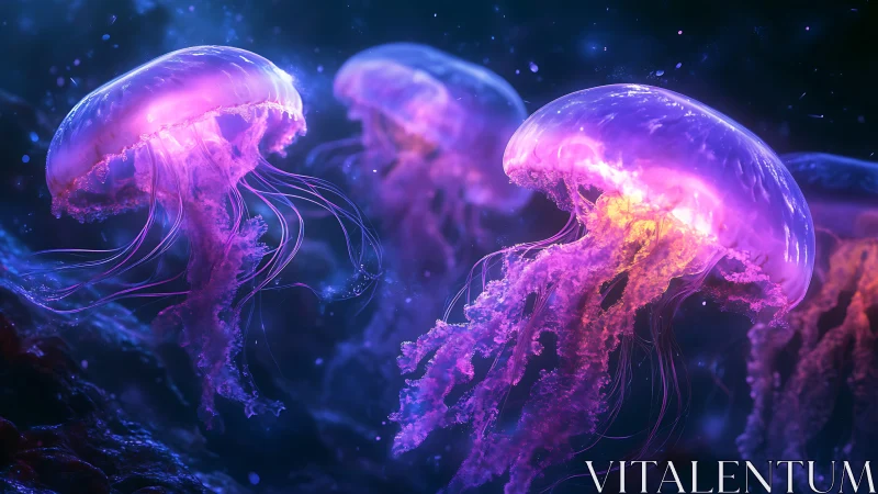 Glowing jellyfish drift through a dreamy neon undersea night