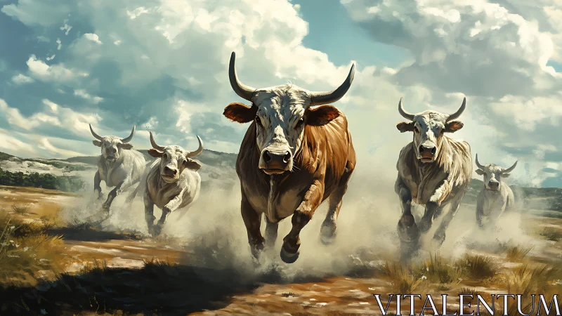 Bold running cattle charging across a wide sunlit plain.