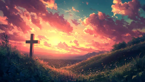 Hilltop cross bathing in a hymn of rose-gold clouds at dusk.