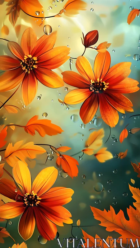 Vibrant Orange Cosmos Flowers with Water Droplets and Leaves.
