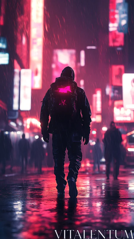 Hooded figure in neon rain, backlit by magenta holographic billboards