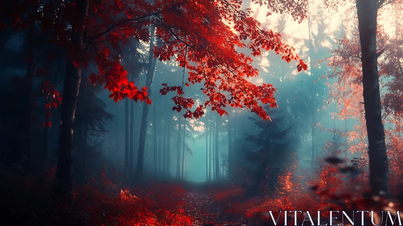 Misty Autumn Forest Path Through Red Foliage.