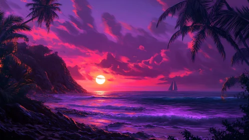 Neon dusk tides and a lone sailboat chasing violet horizons.