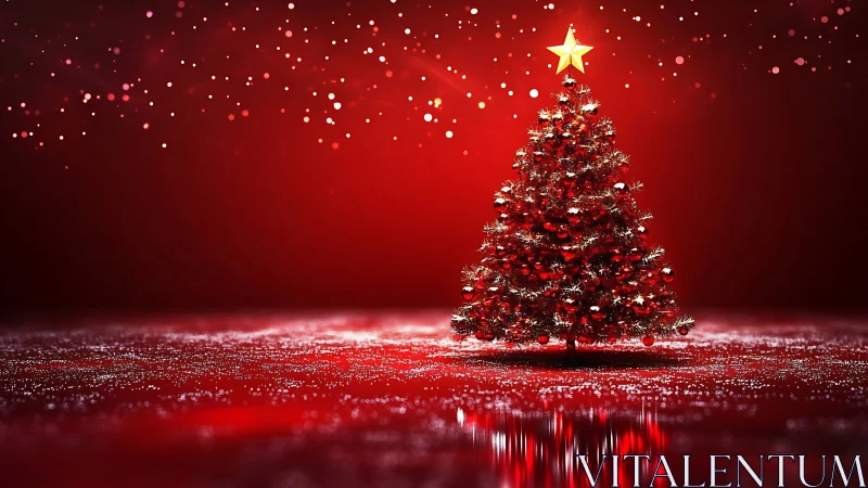 Red monochrome Christmas tree rendered with reflective ground